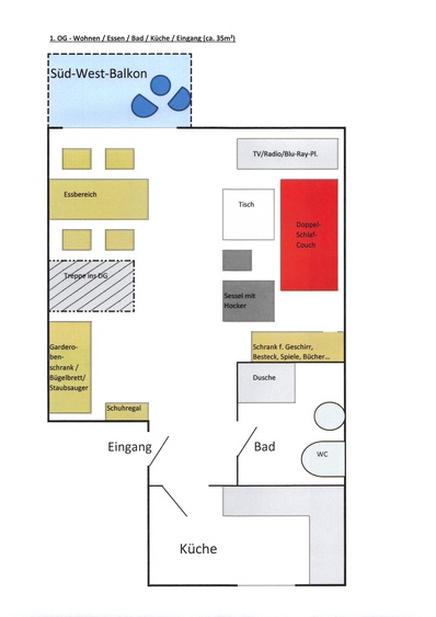 Grundriss 1. OG - Wohnen / Essen / Küche / Bad / Balkon