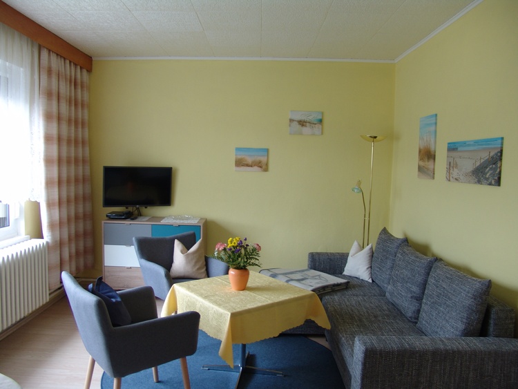 Das gemütlich eingerichtete Wohnzimmer mit Couch, Sat.-HDTV mit DAB-Empfang, DVD-/CD-Player.